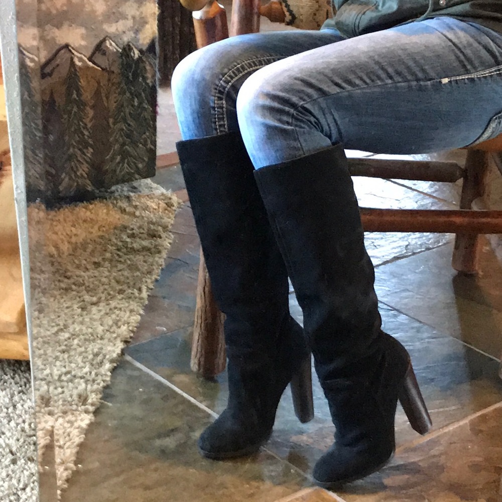 Leather knee high black, heeled boots
